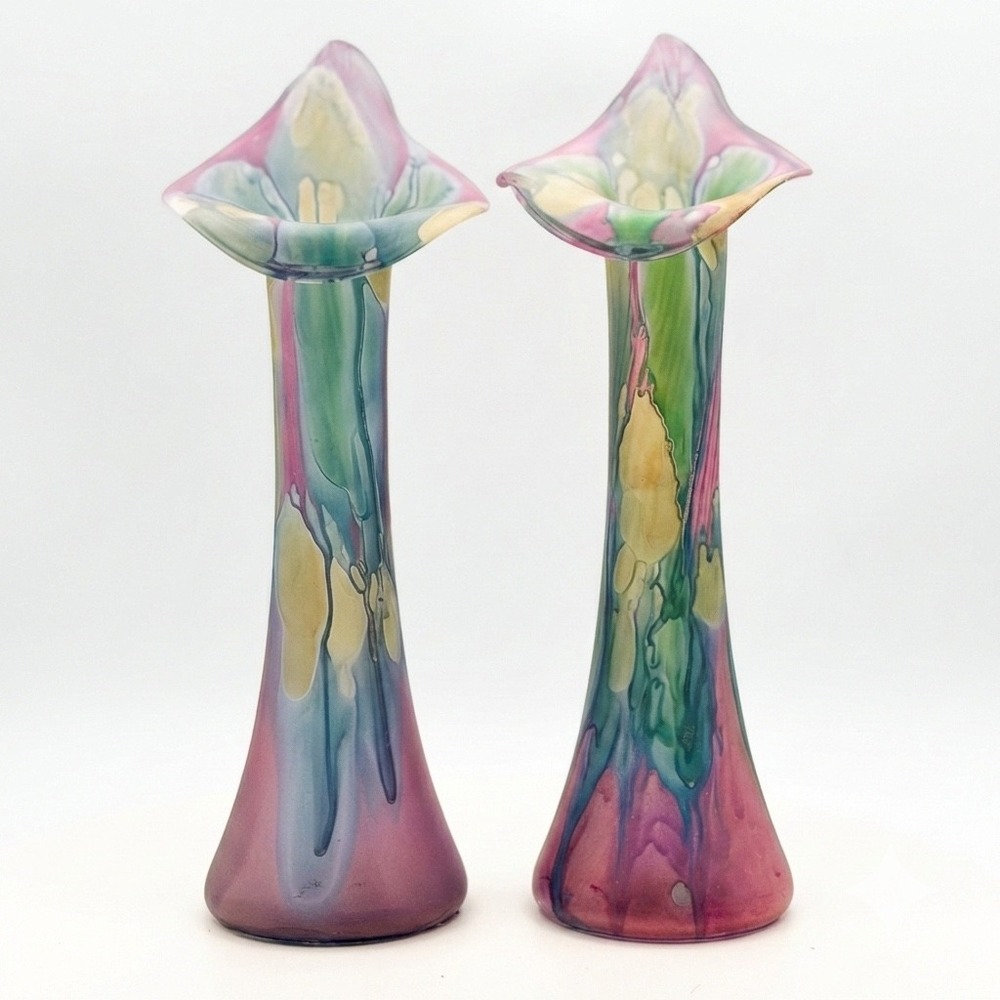 Rueven Glass Calla Lily Bud Vases Pair Hand Painted Art Glass Multi Color Canada